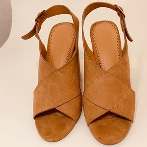 The loft, beige suede heels with peep toes